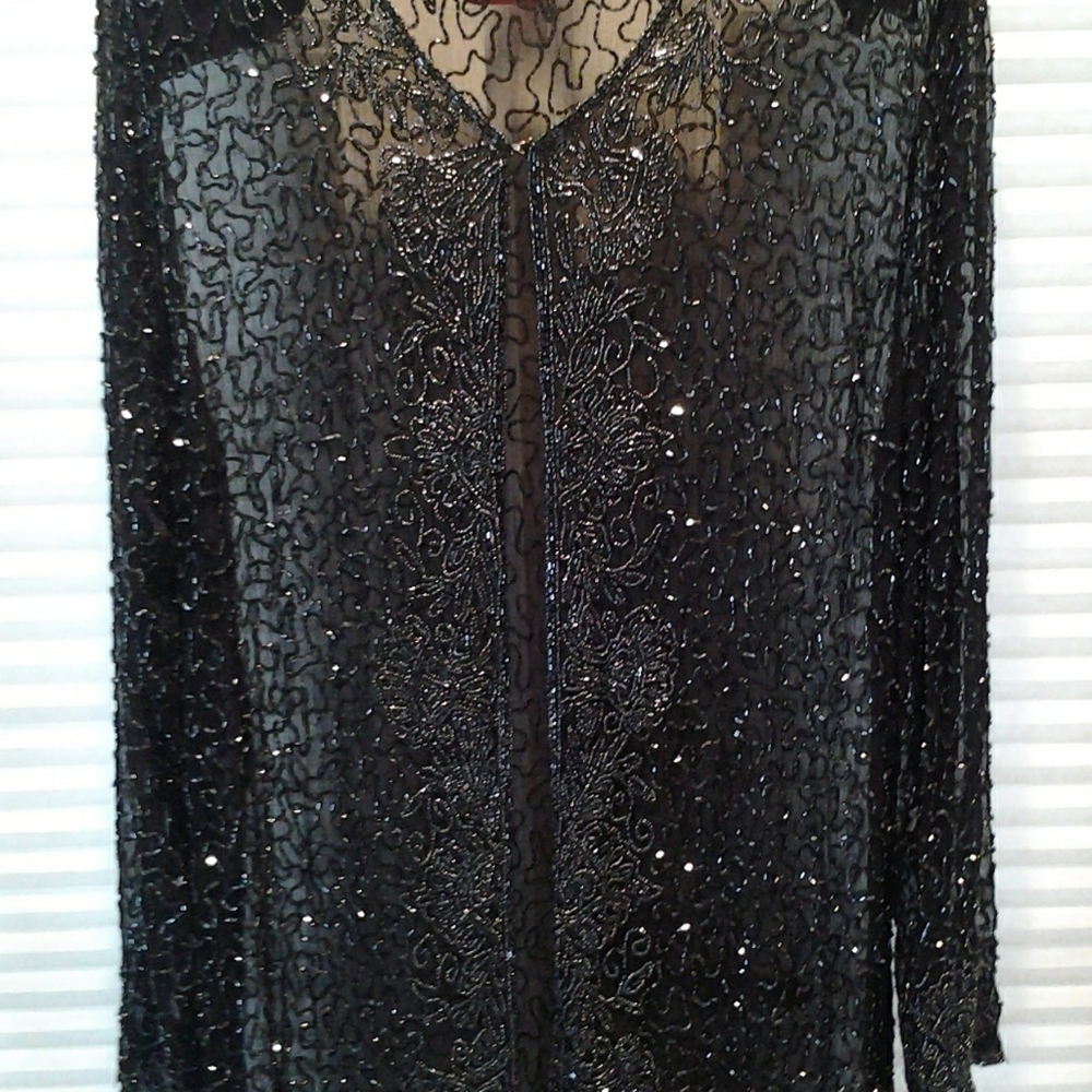 NEW SILK CUSTOM MADE HAND BEADED BLK &  BLUE  XL